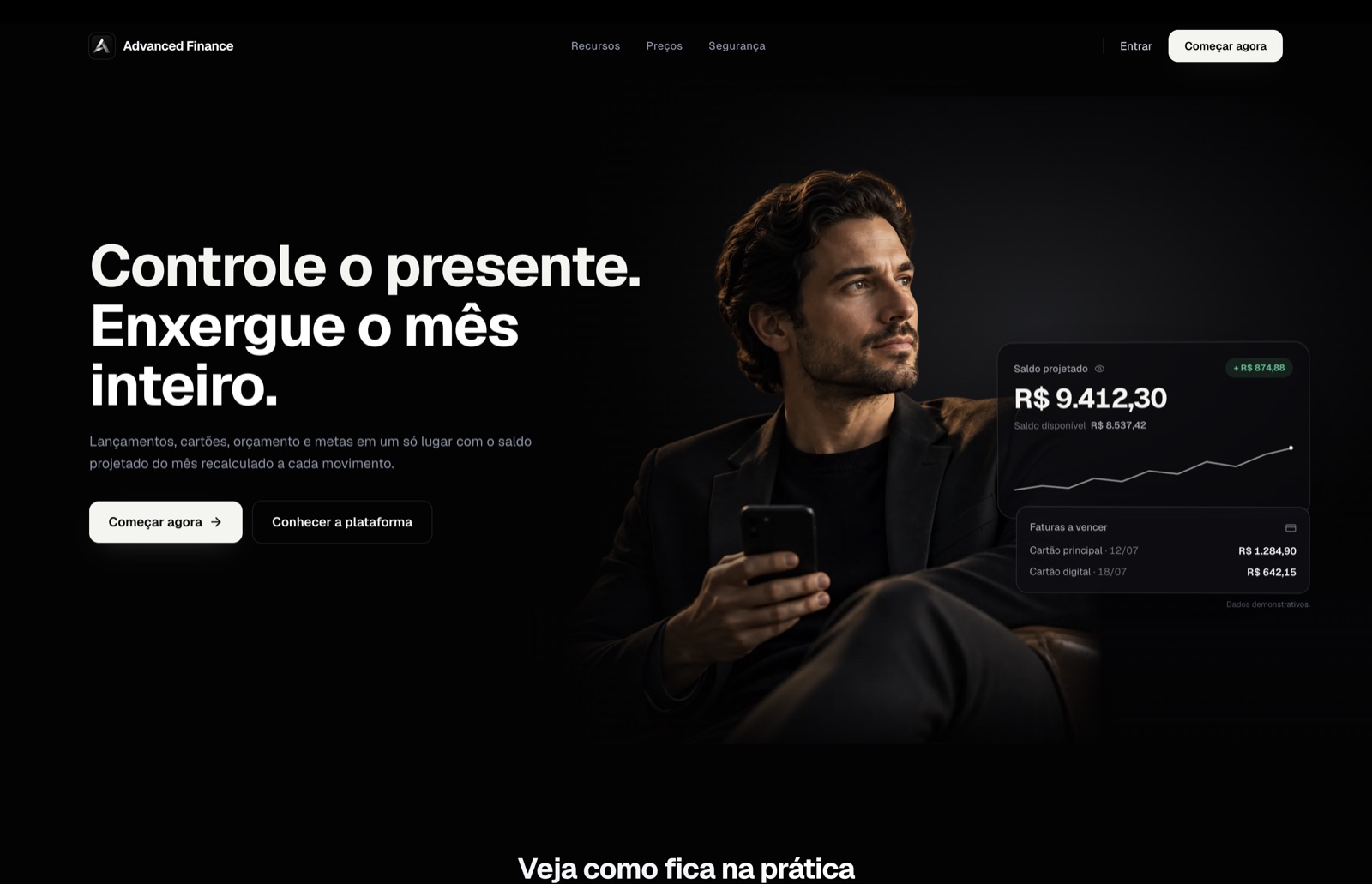 Interface do Advanced Finance com saldo projetado, lançamentos e cartões